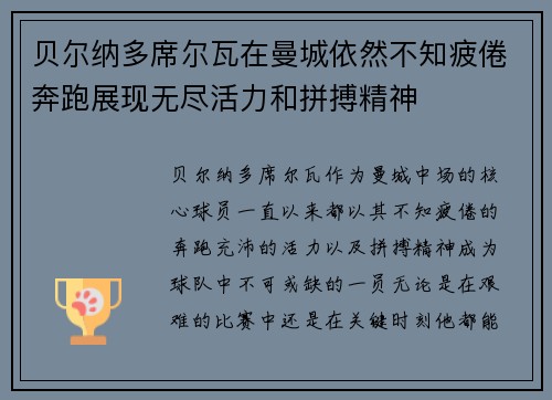 贝尔纳多席尔瓦在曼城依然不知疲倦奔跑展现无尽活力和拼搏精神 贝尔纳多席尔瓦在曼城依然不知疲倦奔跑展现无尽活力和拼搏精神